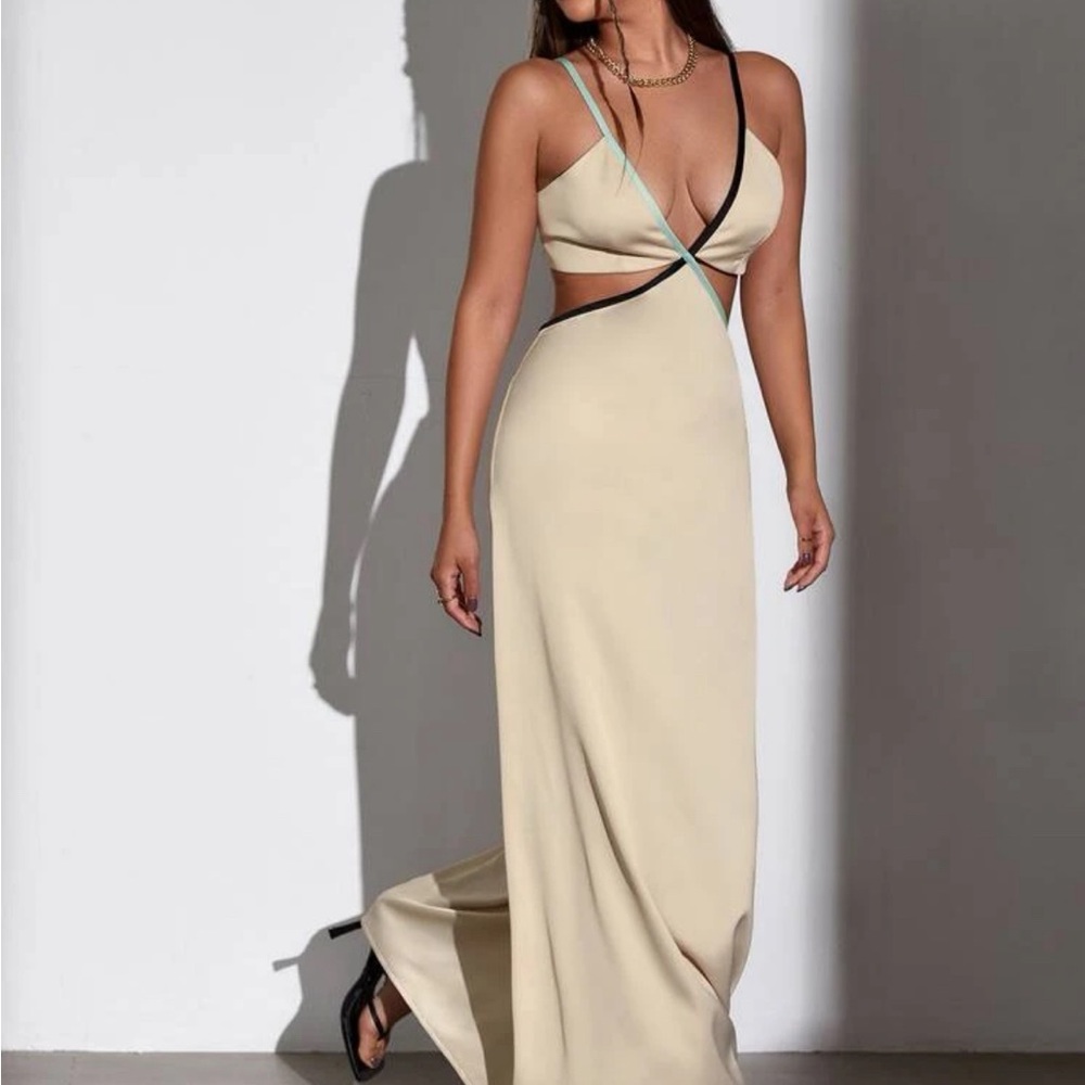 Tan, silk like material day dress.